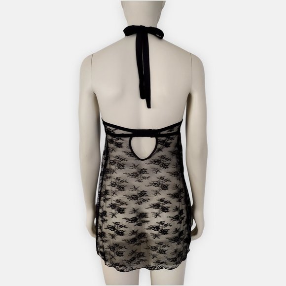 Vintage 2000s Frederick’s of Hollywood Black Lace Open Cup Halter Babydoll - Picture 7 of 14